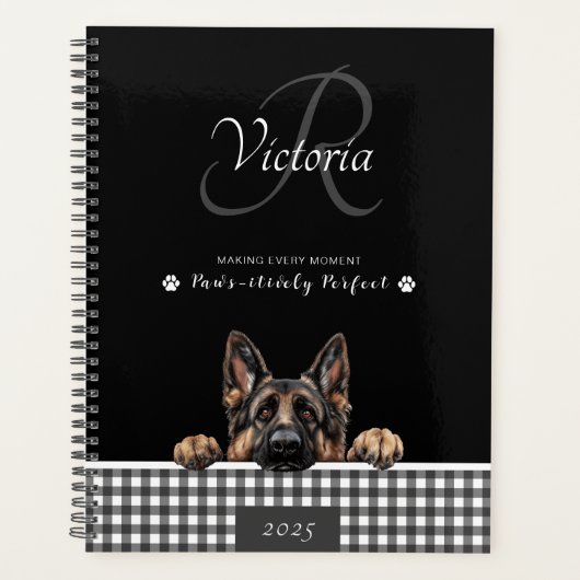 Duitse Herder Zwart Wit Gingham Custom Planner (Voorkant)