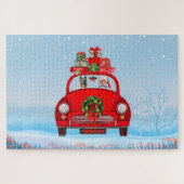 Duitse herderhond in auto met kerstman legpuzzel (Horizontaal)