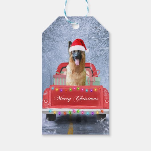 Duitse herderhond in sneeuw met Kerstmis Cadeaulabel (Voorkant)