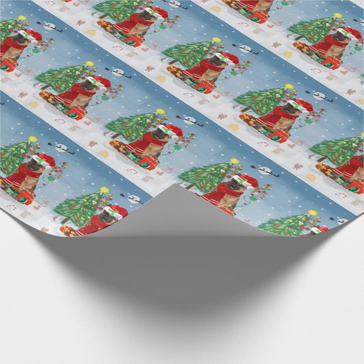 Duitse herderhond met kerstcadeaus in sneeuw cadeaupapier (Hoek)