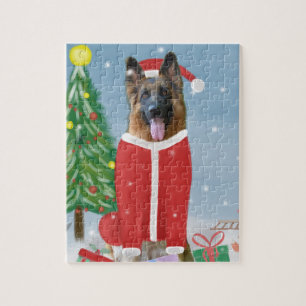 Duitse herderhond met kerstcadeaus in sneeuw legpuzzel