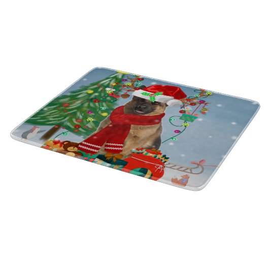 Duitse herderhond met kerstcadeaus in sneeuw snijplank (Hoek)