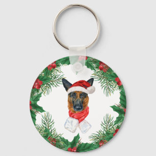 Duitse Herdershond Aquarel Kerst Dennentakken Sleutelhanger