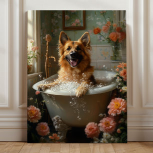 Duitse Herdershond Bad, Whimsische Hondenbadkamer Canvas Afdruk