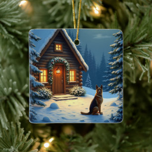 Duitse Herdershond Besneeuwd Boshuis Kerst Schilde Keramisch Ornament