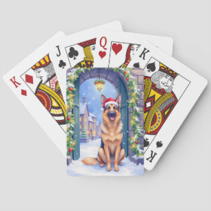 Duitse Herdershond Besneeuwde Stadspoort Kerstman Pokerkaarten