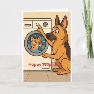 Duitse Herdershond en Kat Wasmachine Humor Kaart