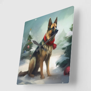 Duitse herdershond in Kerstsneeuw Vierkante Klok
