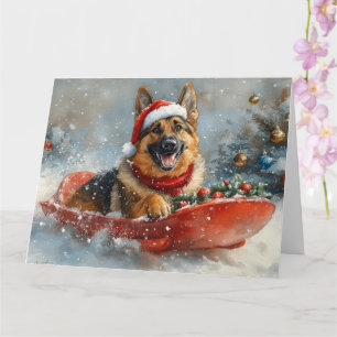 Duitse Herdershond in slee sneeuw Kerstmis Kaart