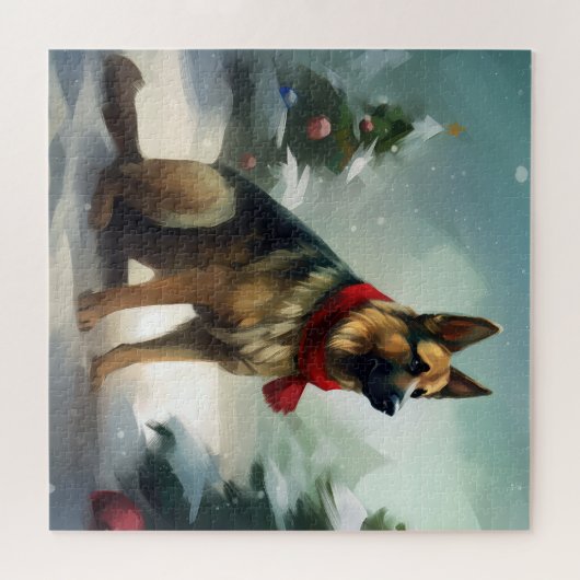 Duitse herdershond in sneeuw Kerstmis Legpuzzel (Horizontaal)