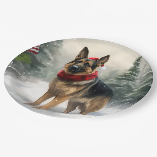 Duitse herdershond in sneeuw Kerstmis Papieren Bordje (Gekanteld)