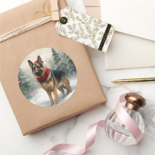 Duitse Herdershond in Sneeuw Kerstmis Ronde Sticker