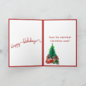 Duitse herdershond ligt bij kerstboom notitiekaartje (Binnen)