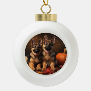 Duitse Herdershond Pup Autumn Delight Pompoen Keramische Bal Ornament
