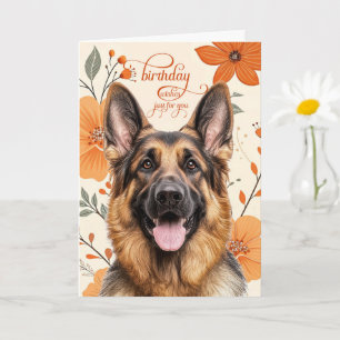 Duitse Herdershond Retro Oranje Bloemen Verjaardag Kaart