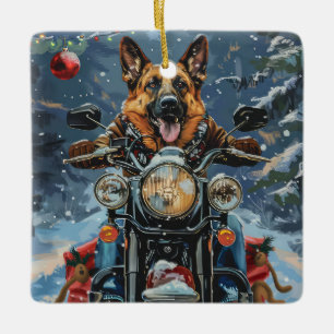 Duitse Herdershond rijdt op motorfiets met Kerstmi Keramisch Ornament