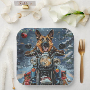 Duitse Herdershond rijdt op motorfiets met Kerstmi Papieren Bordje