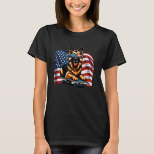 Duitse Herdershond Skateboarden Amerikaanse Vlag V T-shirt