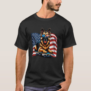 Duitse Herdershond Skateboarden USA Vlag Patriotti T-shirt