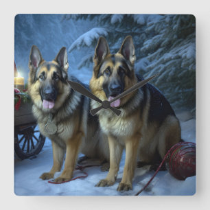 Duitse Herdershond Sneeuw Slede Kerst Decoratie   Vierkante Klok