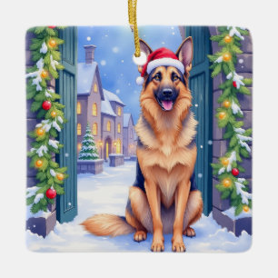 Duitse Herdershond Sneeuw Stadspoort Kerstman Kers Keramisch Ornament