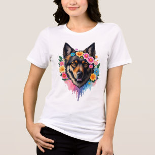 Duitse Herdershond Wilde Bloemen Kroon Bloemig Hon Tri-Blend Shirt