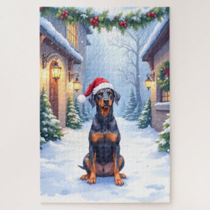 Duitse Pinscher Besneeuwd Binnenhof Kerstman Hoed Legpuzzel