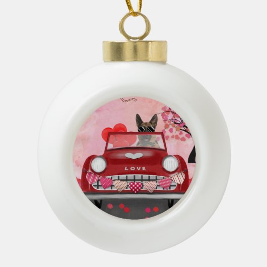 Duitse Shepherd Dog-auto met hart Valentijnse Keramische Bal Ornament (Voorkant)