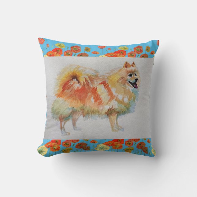 Duitse Spitz Pomeranian Aquarel Huisdier Hond Kuss Kussen (Voorkant)