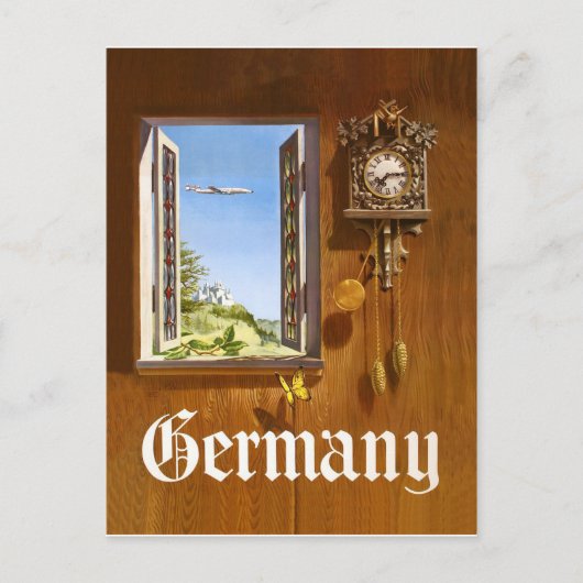 Duitsland, houten klok en uitzicht uit het raam briefkaart (Voorkant)