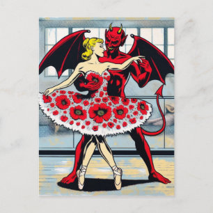 Duivel danst met een vrouw in een rode bloemenjurk briefkaart