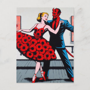 Duivel danst met een vrouw in een rode bloemenjurk briefkaart