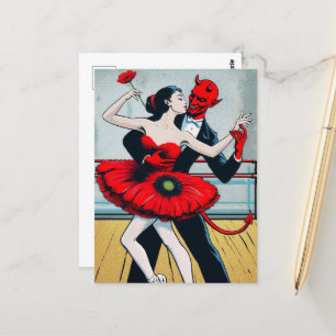 Duivel danst met een vrouw in een rode papaver jur briefkaart