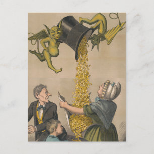 Duivels gieten gouden munten in het Schort van de  Briefkaart