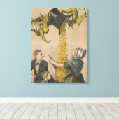 Duivels gieten gouden munten in het Schort van de  Canvas Afdruk (Insitu (Houten vloer))