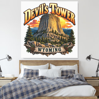 Duivels Toren Wyoming Vintage Zonsondergang Grafie Canvas Afdruk