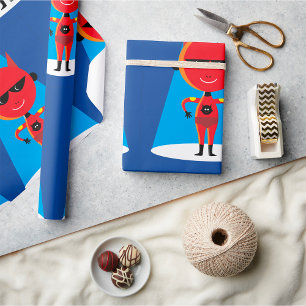 Duivelse superheldenpersonage vet rood en blauw cadeaupapier