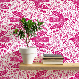 Duiven en bloemen Magenta Roze en Witte Vogelkunst Behang