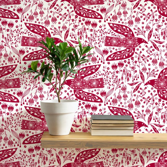 Duiven en bloemen Rood en Wit Vogelkunst Behang (Doves and flowers bird art peel and stick wallpaper)