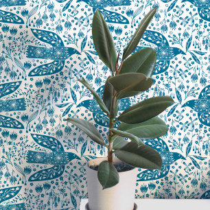 Duiven en Bloemen Turquoise en Witte Vogel Kunst Behang