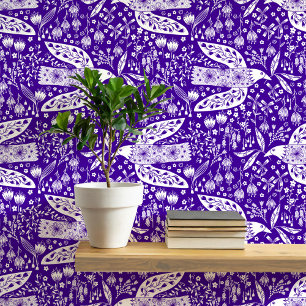 Duiven en bloemen wit op Paarse vogelkunst Behang