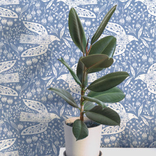 Duiven en Bloemen Wit op Stofblauwe Vogel Kunst Behang