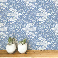 Duiven en Bloemen Wit op Stofblauwe Vogel Kunst