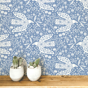 Duiven en Bloemen Wit op Stofblauwe Vogel Kunst Behang