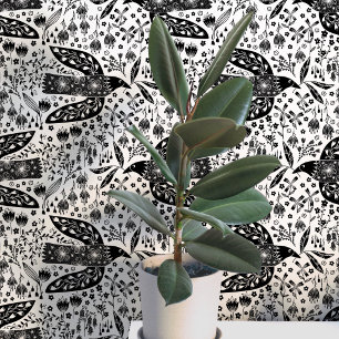 Duiven en Bloemen Zwart-Wit Vogel Kunst Behang