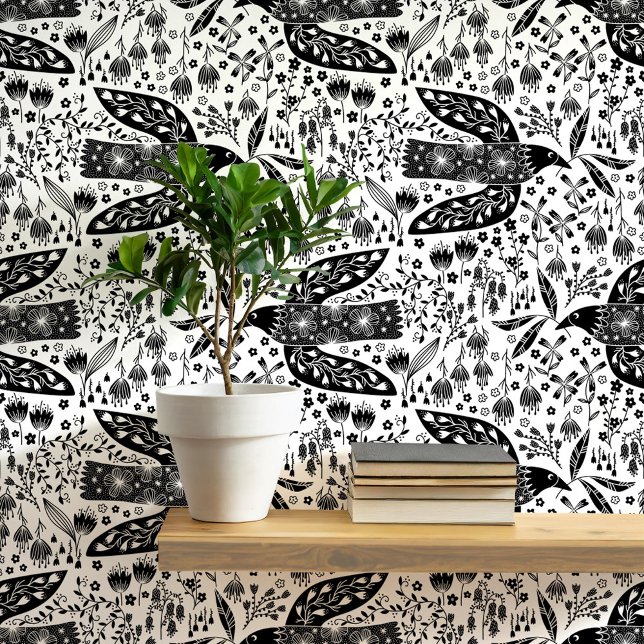 Duiven en bloemen Zwart-wit Vogelkunst Behang (Doves and flowers bird art peel and stick wallpaper)