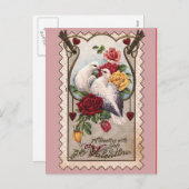 Duiven en Rozen op roze Victoriaans Valentijn Kaar Feestdagenkaart (Voorkant / Achterkant)