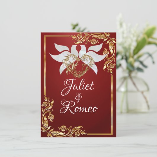 Duiven, Hart, & Gouden Bladeren op Ruby Rood Kaart (Staand voorkant)