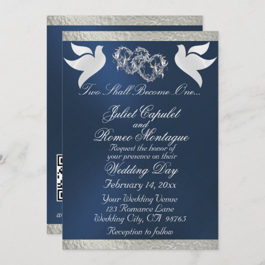 Duiven, harten & lint, QR-code - blauw/zilver Kaart (Voorkant / Achterkant)