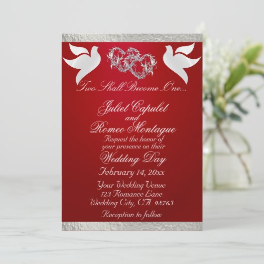 Duiven, harten & lint, QR-code - karmozijn/zilver Kaart (Staand voorkant)